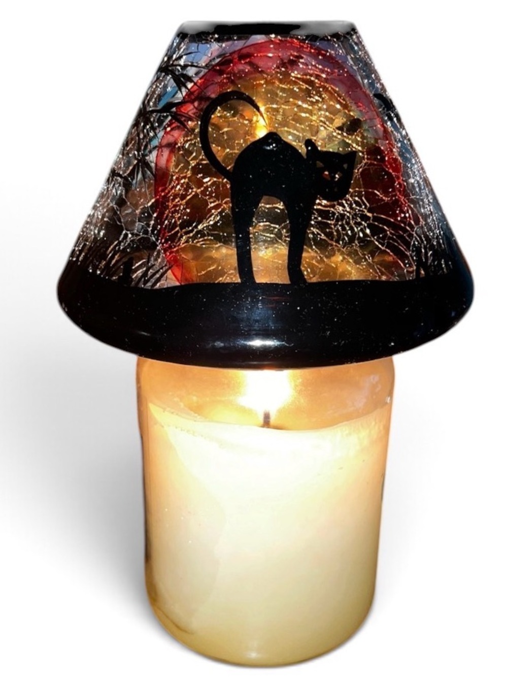 VTG Yankee Candle Halloween Black Cat Crackle Glass Large Jar Shade Retired RARE